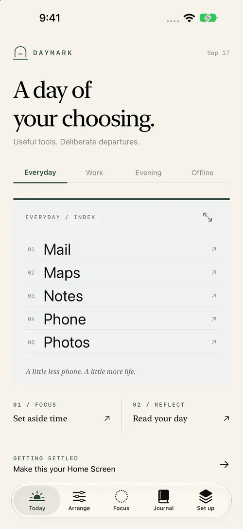 Daymark app showing a clean text-based list of essential iPhone apps