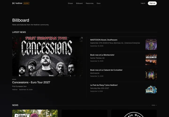 Hedliner’s Billboard in a desktop browser, featuring community news, artists, and live music venues