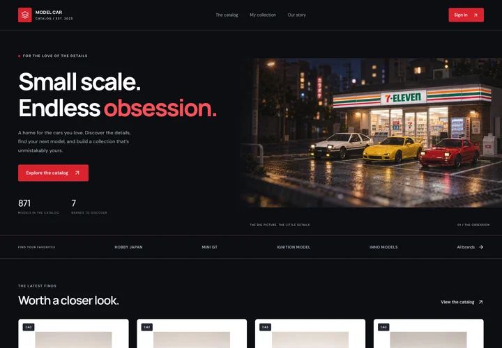 My Model Car Catalog homepage, featuring a miniature street scene with model cars outside a convenience store
