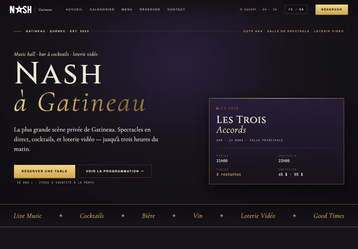 Nash’s original French homepage, with gold typography, a purple backdrop, and a featured concert card