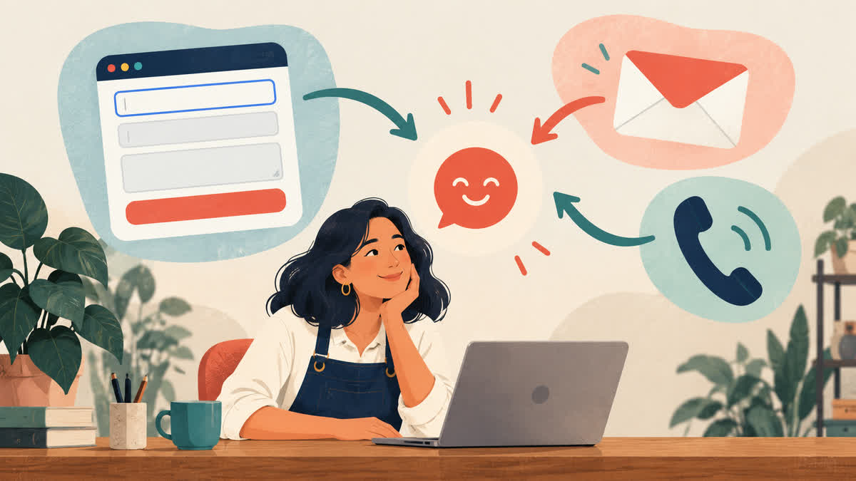 Illustration of a business owner receiving inquiries through a web form, email, and telephone before sending a welcoming reply
