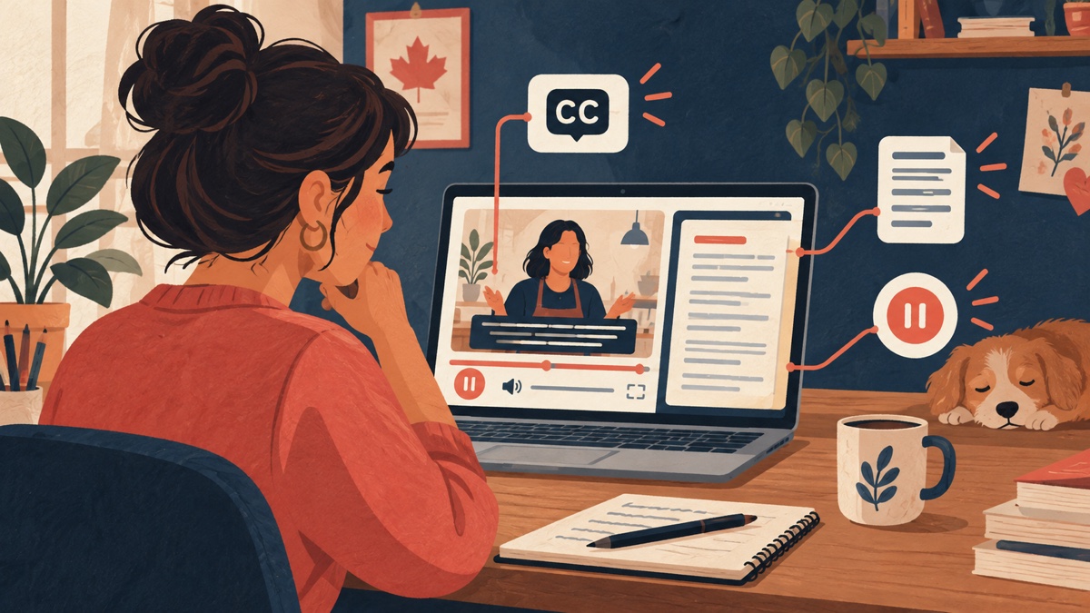Illustration of a business owner reviewing a website video with captions, a transcript, and a pause control