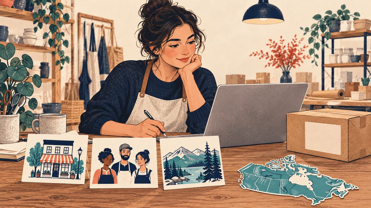 Illustration of a shop owner comparing cards about a storefront, team, and landscape while reviewing a website beside a map of Canada