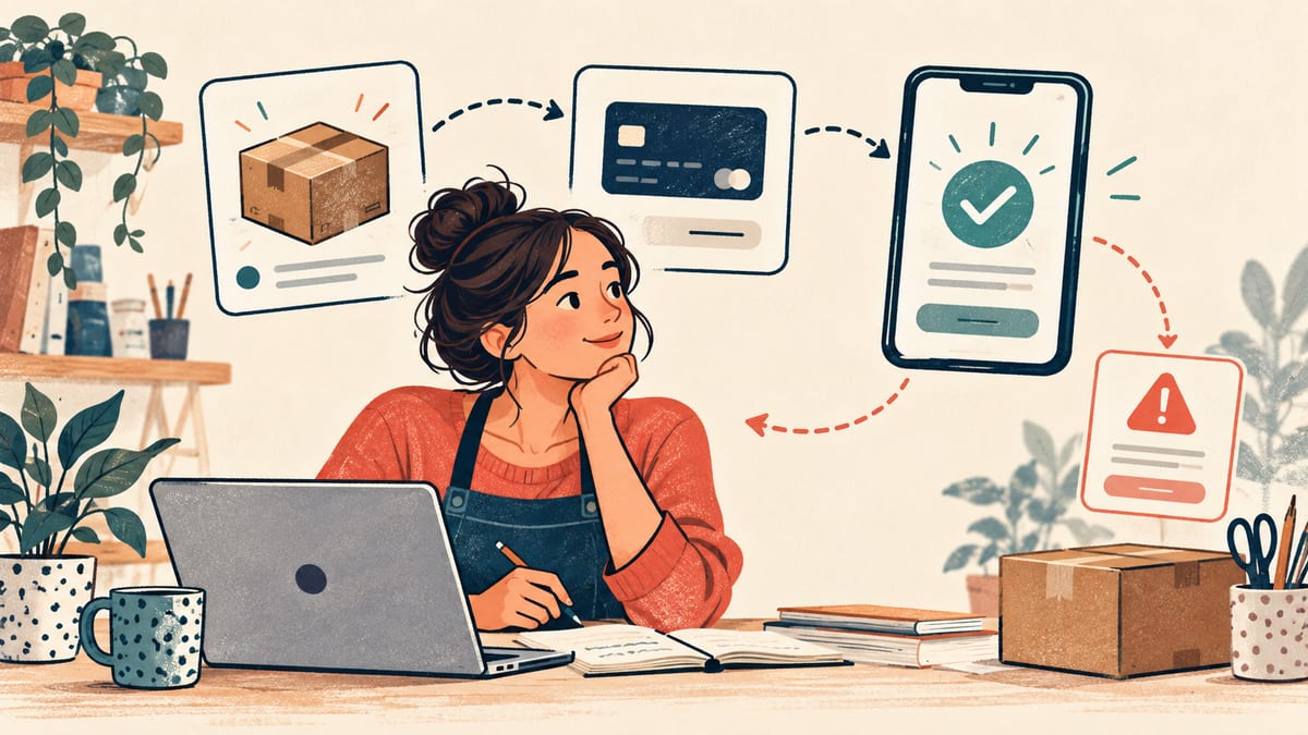 Illustration of a shop owner tracing a test order from parcel and payment card to phone confirmation and an error notice