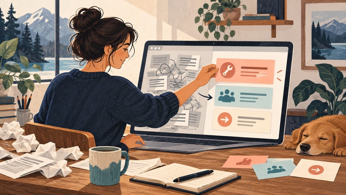 Illustration of a business owner replacing tangled text on a laptop with clear cards for a service, its audience, and a next step