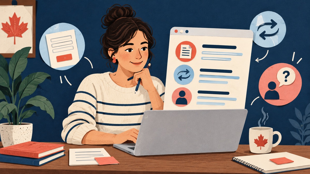 Illustration of a business owner reviewing simple privacy-notice sections on a laptop, with symbols for a form, data flow, and customer question
