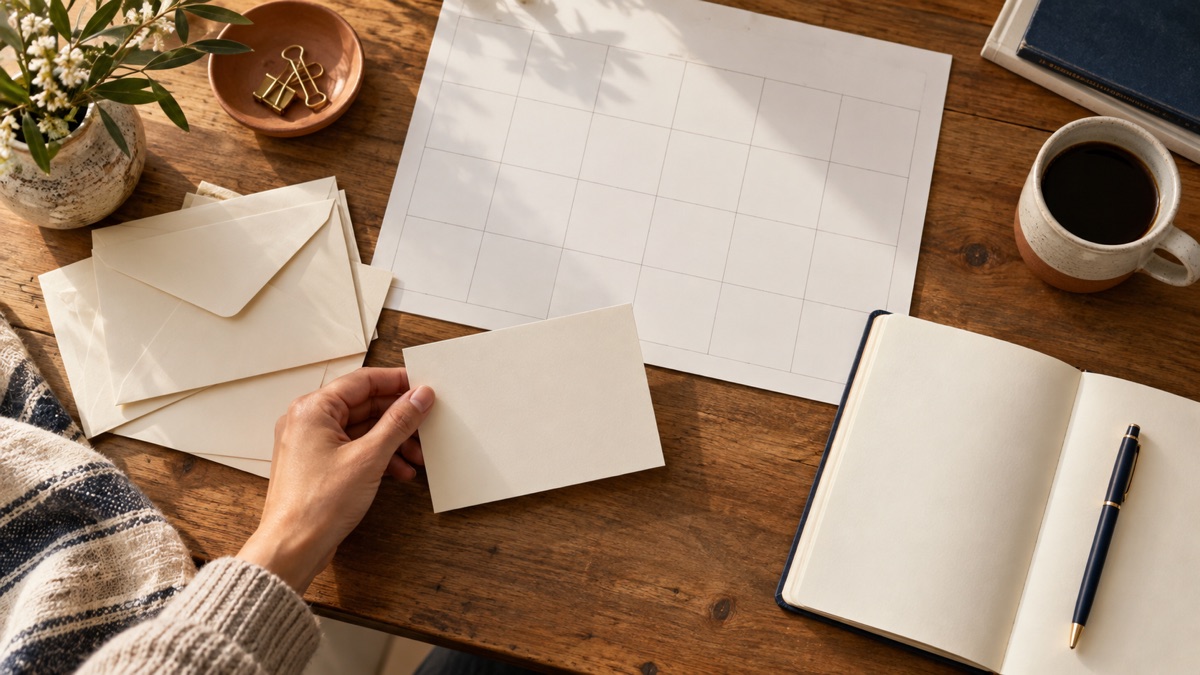 Overhead view of a blank editorial calendar, envelopes, and a person choosing a card at a worktable