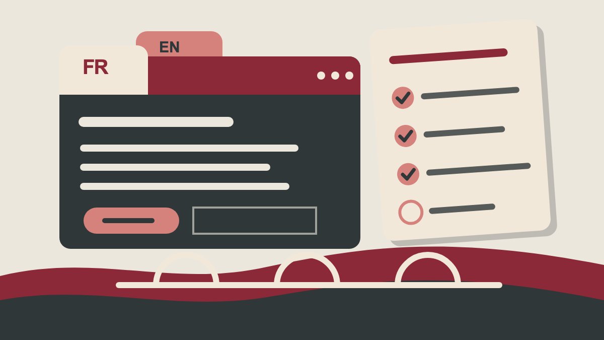 Illustration of a website window with a French tab in front of an English tab beside a checklist card, over a river and bridge