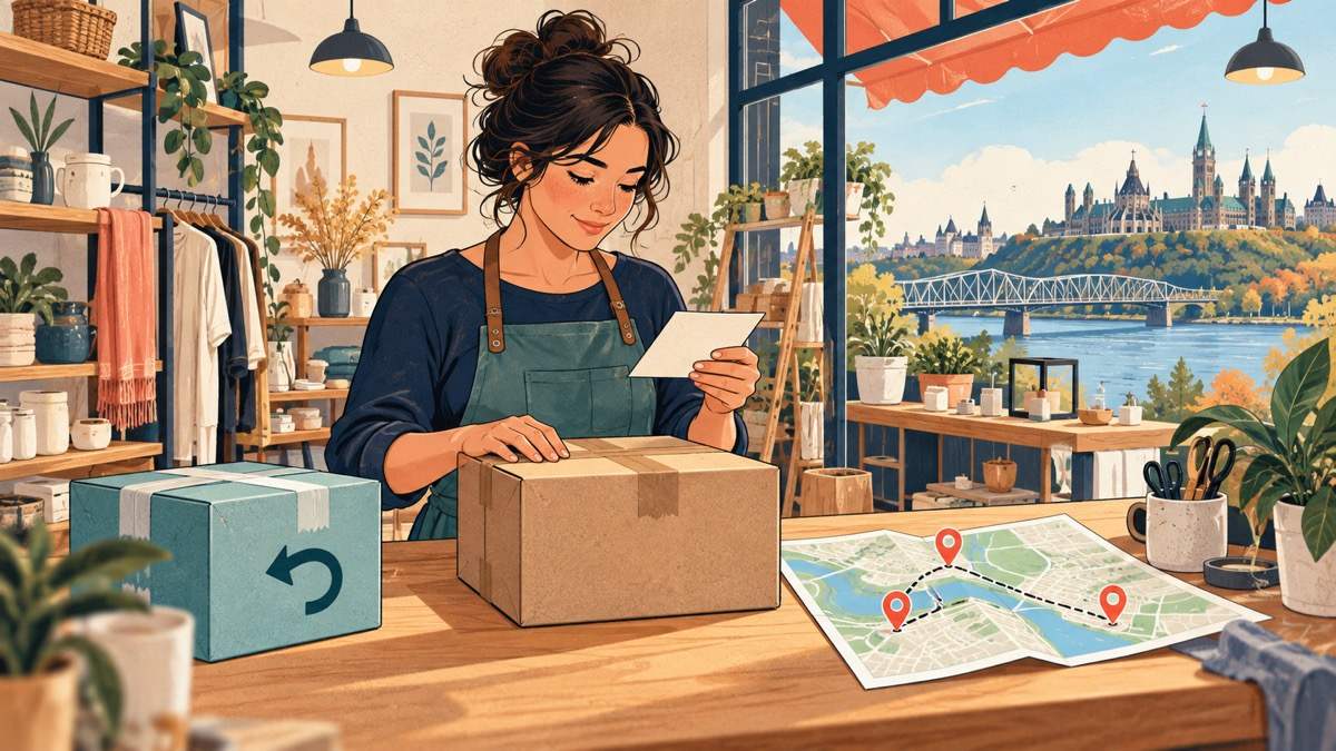 Illustration of a Gatineau shop owner preparing a parcel beside a return box and a delivery route map