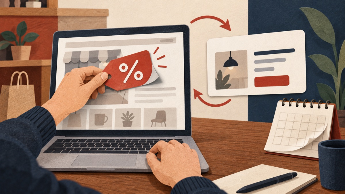 Illustration of a shop owner removing a discount tag from a website page beside an ad card and calendar