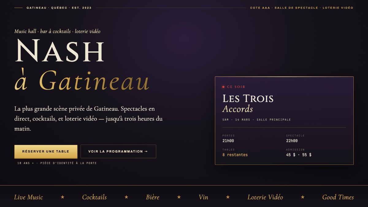 Nash’s original French homepage: gold serif title reading “Nash à Gatineau” on a dark purple backdrop, with a featured “Ce soir” concert card showing door and show times, tables remaining, and admission prices
