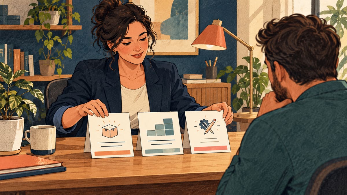 Illustration of a service business owner explaining three different service options to a prospective customer