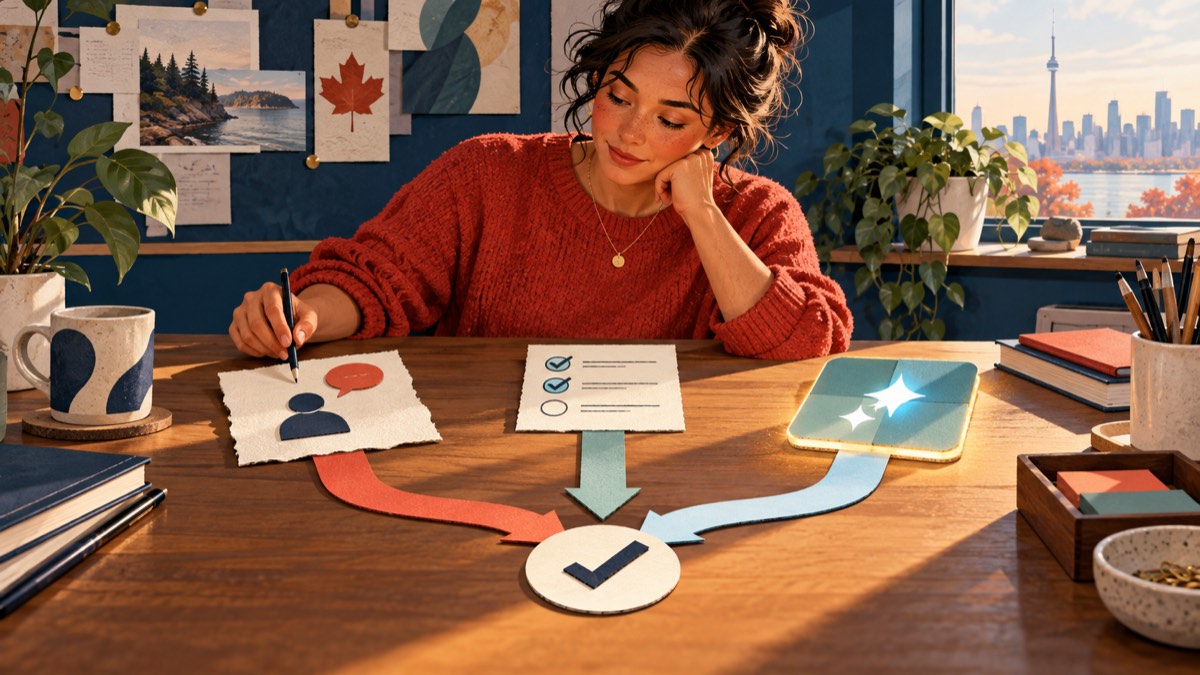 Illustration of a business owner comparing a handwritten customer note, a checklist, and an abstract AI tile before approving a workflow