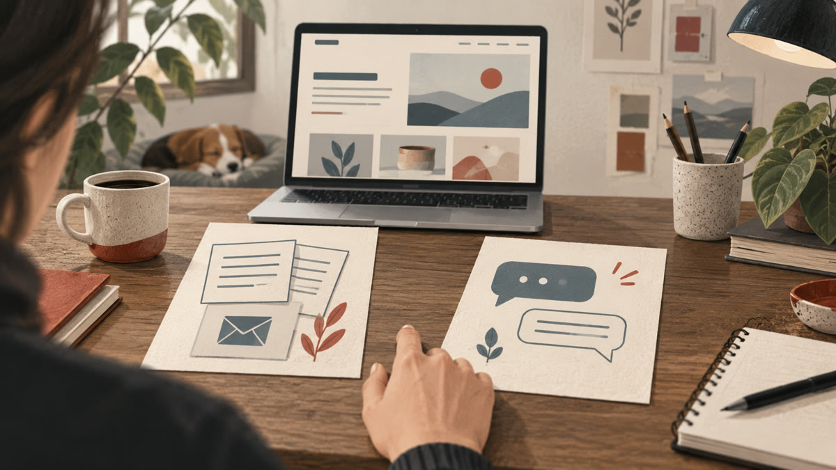 Illustration of a business owner comparing a website help page and contact form with a chat interface