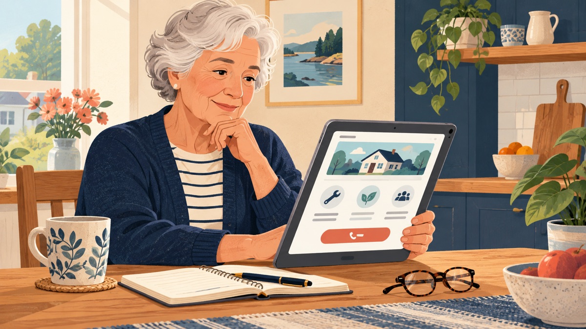 Illustration of an older customer reading a service website on a tablet at a kitchen table, with a notebook and glasses nearby