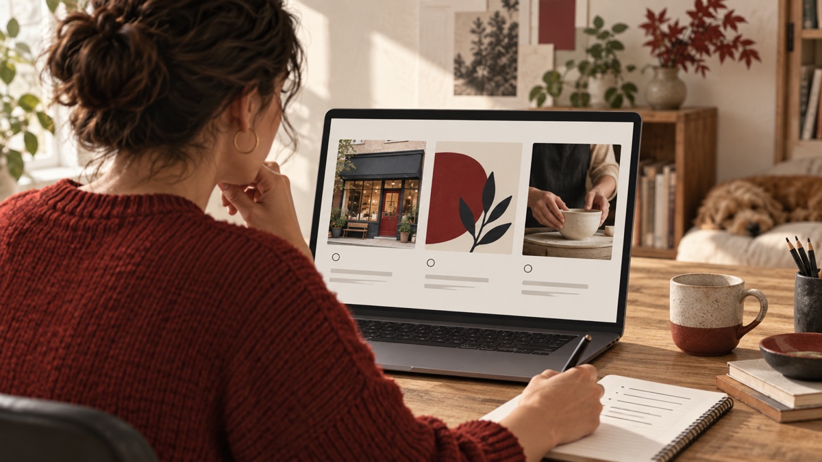Business owner reviews storefront, decorative, and service images on a laptop while writing descriptions in a notebook