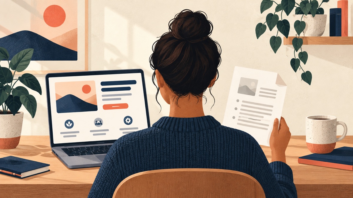 Illustration of a business owner comparing a clear service web page on a laptop with a paper document beside it