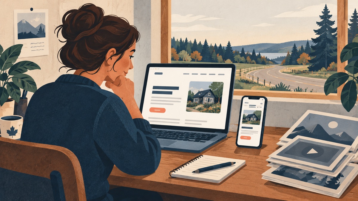 Illustration of a business owner checking a clear website on a laptop and phone, with a rural landscape beyond the window
