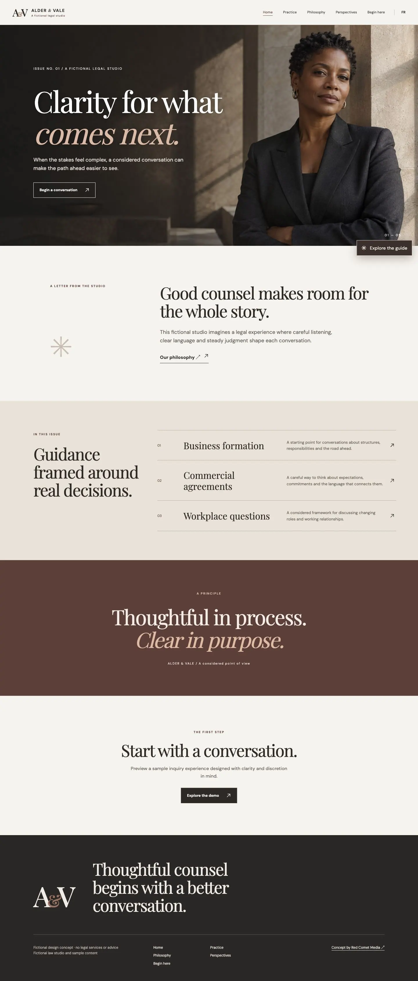 English desktop screenshot of Alder & Vale: portrait-led cover and editorial practice-area layout.
