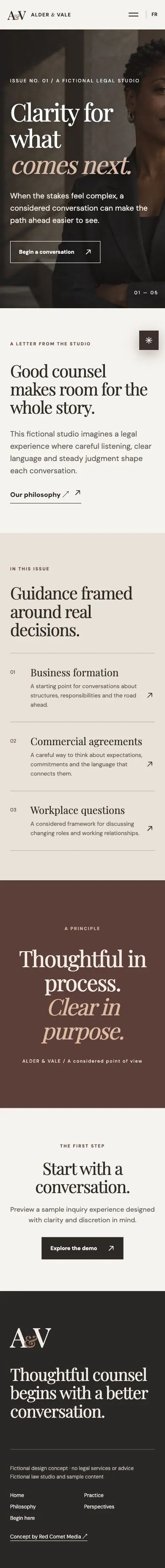 English mobile screenshot of Alder & Vale: portrait cover and legal practice chapters.