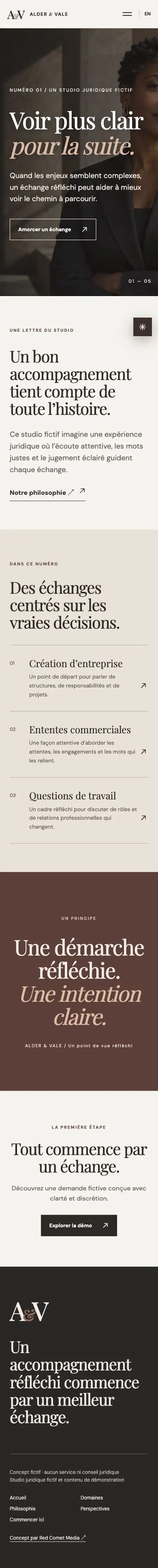 Capture française d’Alder & Vale sur mobile : couverture avec portrait et chapitres juridiques.