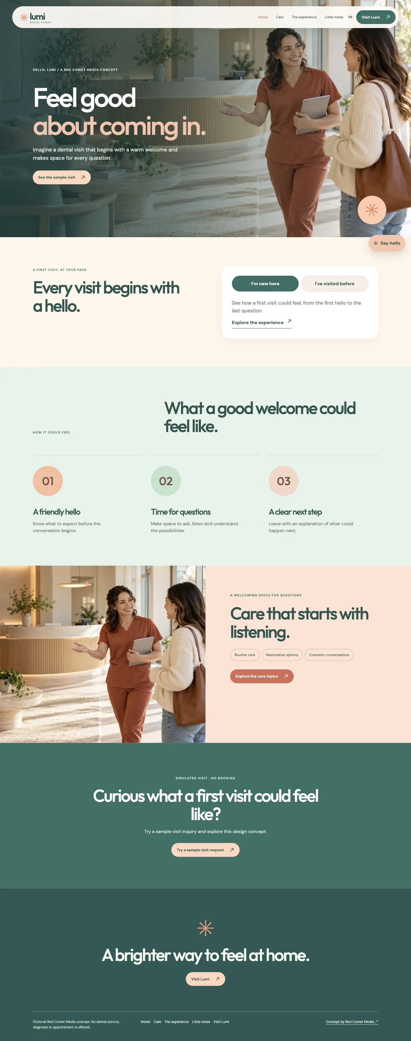 English desktop screenshot of Lumi: clinic scene, patient choices, and first-visit journey.