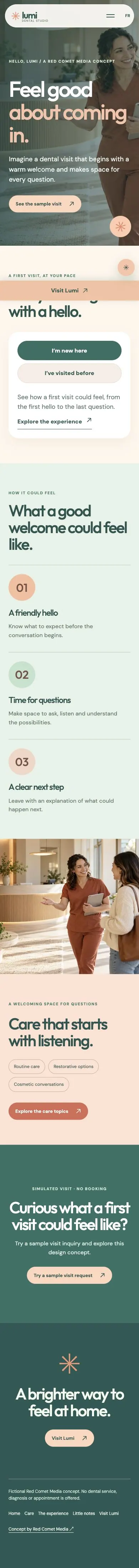 English mobile screenshot of Lumi: clinic welcome, patient choice, and simulated visit flow.