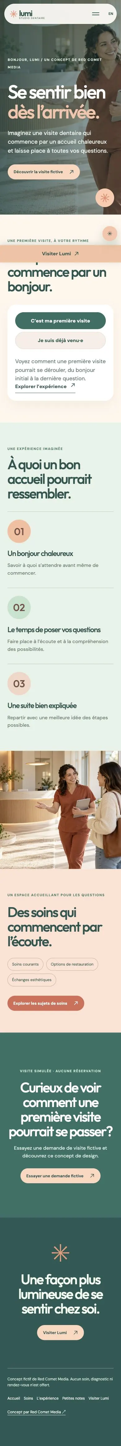 Capture française de Lumi sur mobile : accueil de la clinique, choix du patient et parcours de visite simulée.