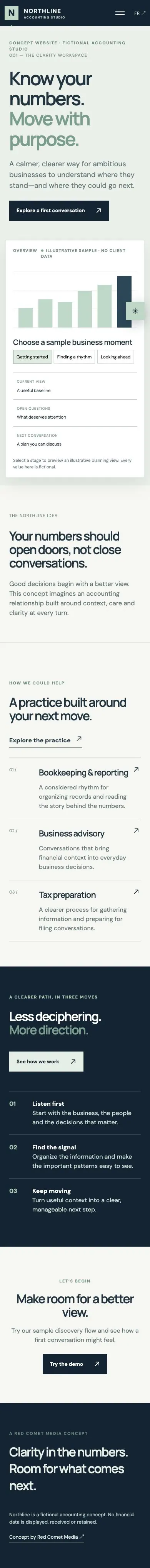 English mobile screenshot of Northline: fictional stage choices, accounting services, and process steps.