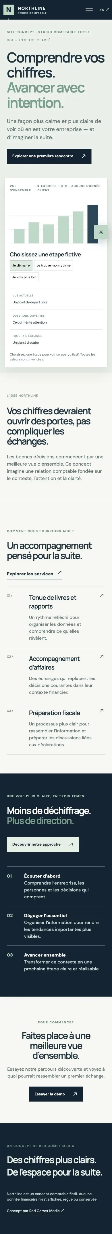Capture française de Northline sur mobile : choix fictifs, services comptables et étapes de travail.